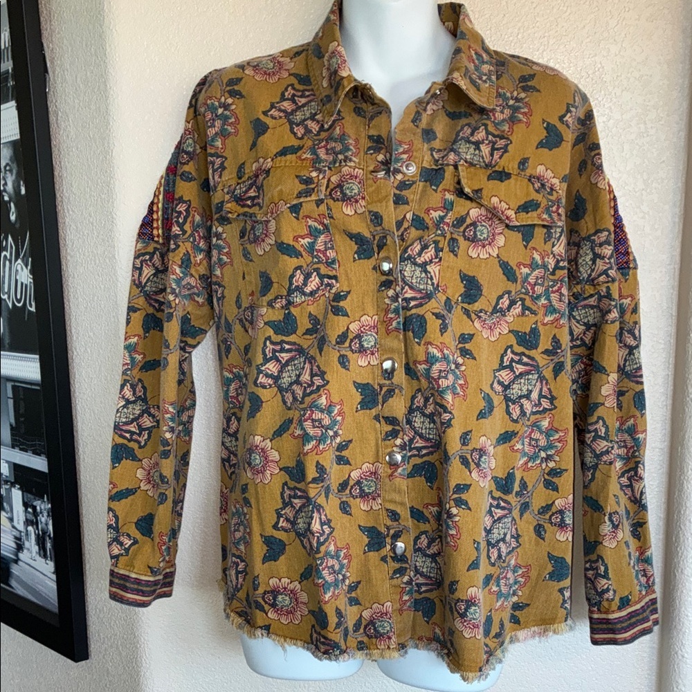 ZARA jacket, mustard yellow,  blue Floral pattern & applique back. Oversized. S - Picture 4 of 15